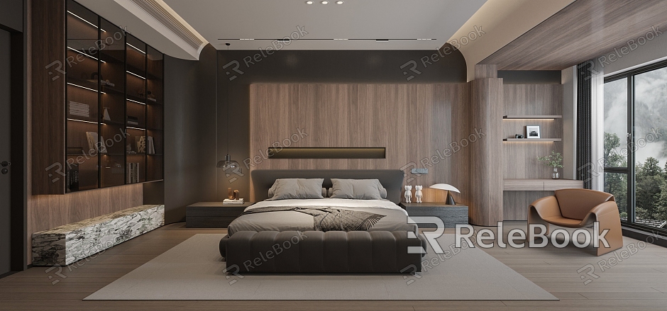 Italian Minimalist Dark Wood Grain Bedroom model