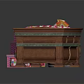 Wooden Table With Divided Compartments Holding Colorful Candies Pink Boxes Small Jars And Wooden Barrel