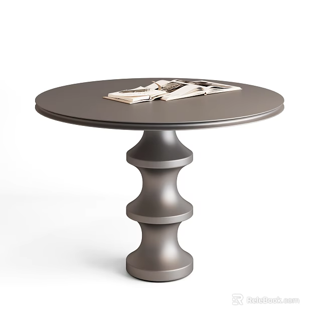 Round Dark Surface Dining Table With Unique Stacked Cylindrical Pedestal And Books 3d model 