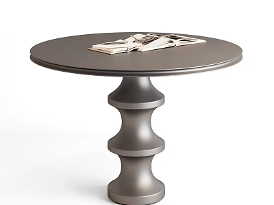 Round Dark Surface Dining Table With Unique Stacked Cylindrical Pedestal And Books 3d model