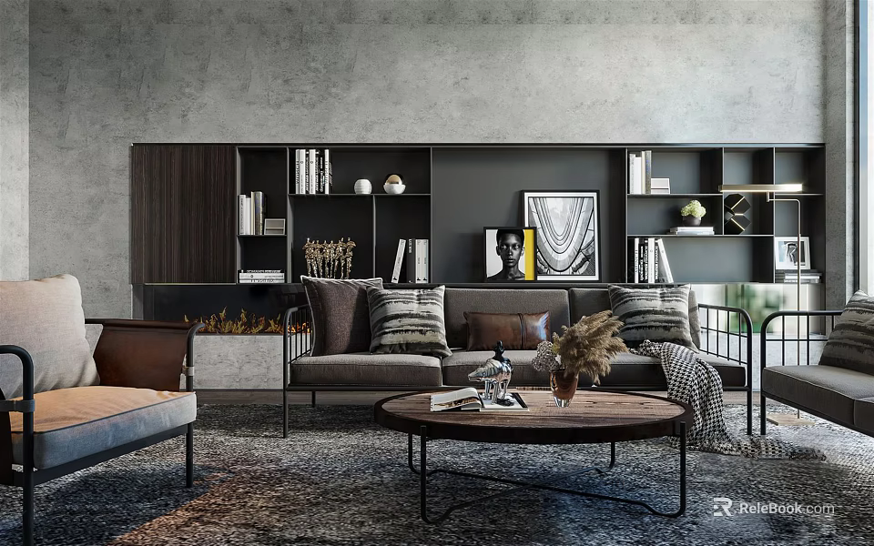 Modern Living Room Interior Design With Brown Sofa Coffee Table And Decorative Bookshelf Rug 3d model 
