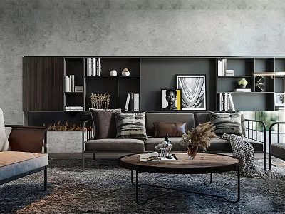 Modern Living Room Interior Design With Brown Sofa Coffee Table And Decorative Bookshelf Rug 3d model