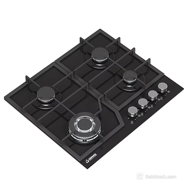 Modern Four Burner Gas Stove With Black Glass Cooktop And Control Knobs 3d model 