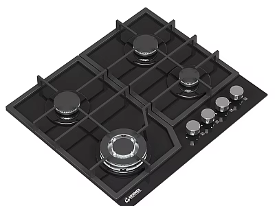 Modern Four Burner Gas Stove With Black Glass Cooktop And Control Knobs 3d model