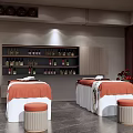 Serene SPA Treatment Room With Massage Beds Orange Linens And Skincare Product Shelves