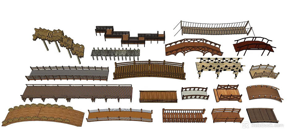 Different Types of Decorative Bridge Designs With Wooden Railings And Curved Structures 3d model 