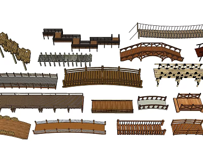 Different Types of Decorative Bridge Designs With Wooden Railings And Curved Structures 3d model