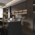 Sleek Modern Restaurant Interior With Dark Cabinets Island Counter And Pendant Lights