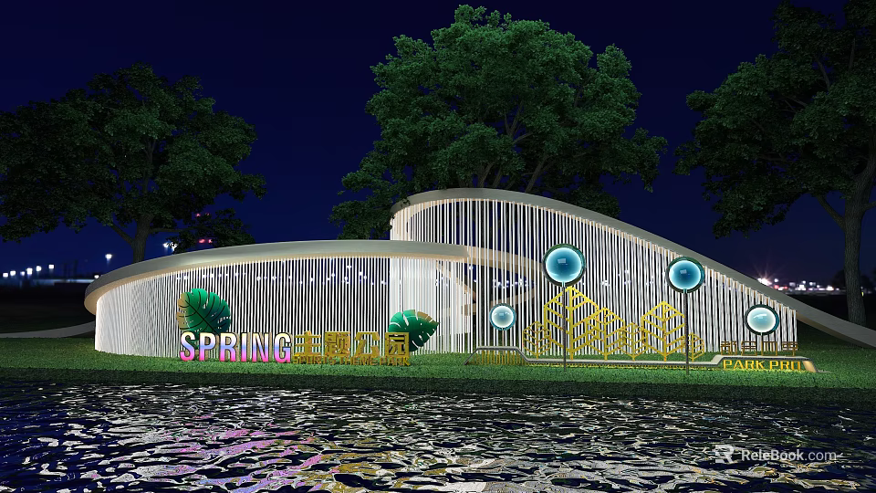 Night View of Spring Qinglan Garden With Curved White Structure Trees Lawn Circular Lights and Water Reflection 3d model 