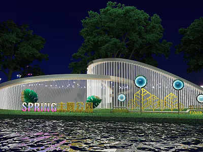Night View of Spring Qinglan Garden With Curved White Structure Trees Lawn Circular Lights and Water Reflection 3d model