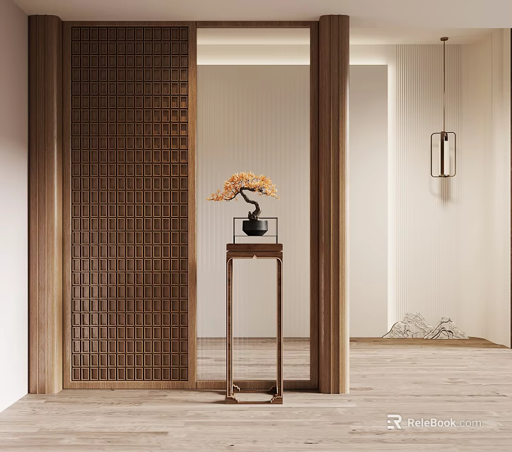Wooden Grid Partition In Minimalist Interior With Pedestal Vase And Hanging Lamp 3d model 