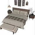 Modern Double Bed Interior With Wooden Headboard Striped Pillows Cozy Bedding And Nightstand Lamp