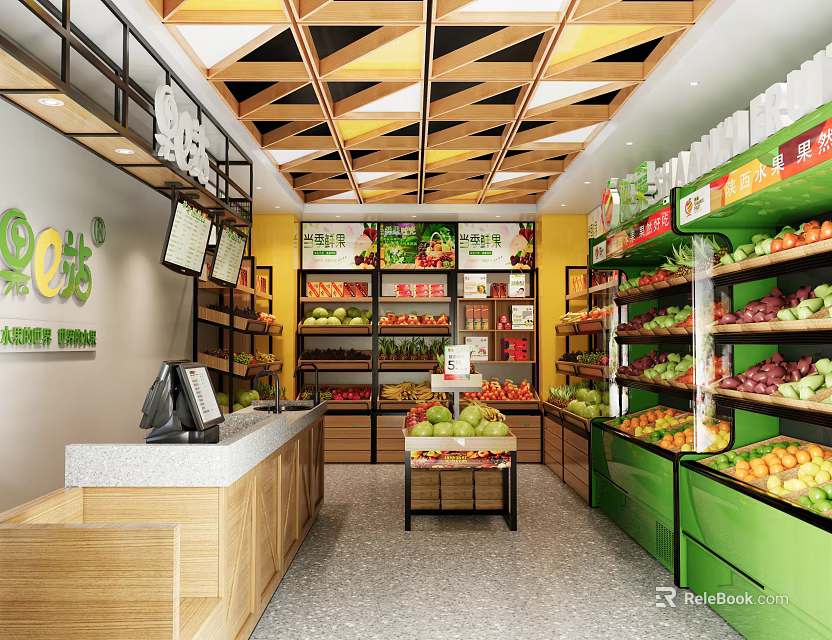 Fruit Store With Variety Of Fresh Fruits On Well Arranged Green Shelves And Modern Counter 3d model 