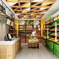 Fruit Store With Variety Of Fresh Fruits On Well Arranged Green Shelves And Modern Counter