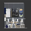Modern Exhibition Booth Interior with Hanging Lights Wall Decor Display Shelves and Table Chairs