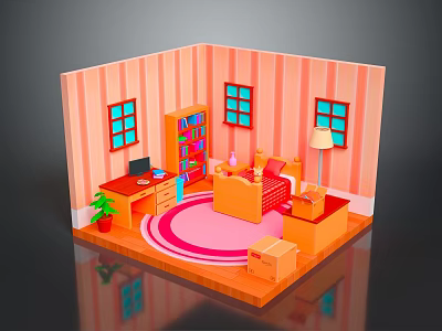 Cartoon Room Scene with Pink Striped Walls Blue Framed Windows Desk Computer Bed Pink Rug 3d model