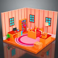Cartoon Room Scene with Pink Striped Walls Blue Framed Windows Desk Computer Bed Pink Rug