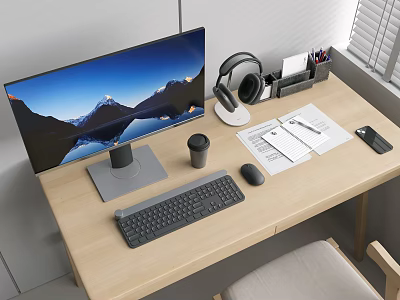 Modern Home Office Desk Setup With Monitor Keyboard Mouse Headphones Coffee Cup Papers And Phone 3d model