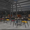 Modern Outdoor Restaurant With Red Brick Design Bar Counter Blue Red Lighting And Plant Decor