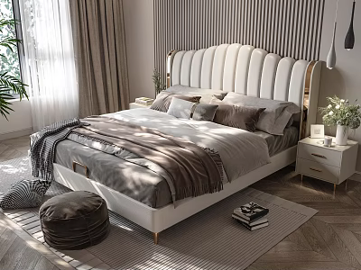 White Scalloped Headboard Double Bed With Gray Brown Bedding And Modern Bedroom Interior 3d model