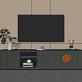 Modern Striped TV Stand With Wall Mounted TV And Decorative Ornaments
