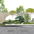 Modern Scenic Wall with Wooden Lattice Arched Design Green Plants Stones and Paved Ground