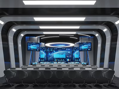 Modern Control Room Interior Design With Multiple Display Screens Control Consoles And Ergonomic Chairs 3d model