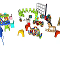 Colorful Kids Table With Multicolor Chairs Toys Drawing Board And Bookshelf For Play Area