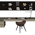 Modern Home Office Desk With Brown Chair Floating Shelves And Table Lamp