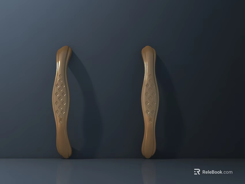 Stylish Golden Textured Door Handles Against Dark Wall And Gray Floor 3d model 