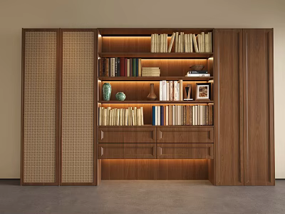 Modern Walnut Bookcase With Rattan Side Panels Built In Lighting And Decorative Items 3d model