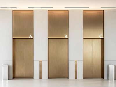 Three Golden Elevator Doors Labeled A B C In Modern Sleek White Interior Design 3d model