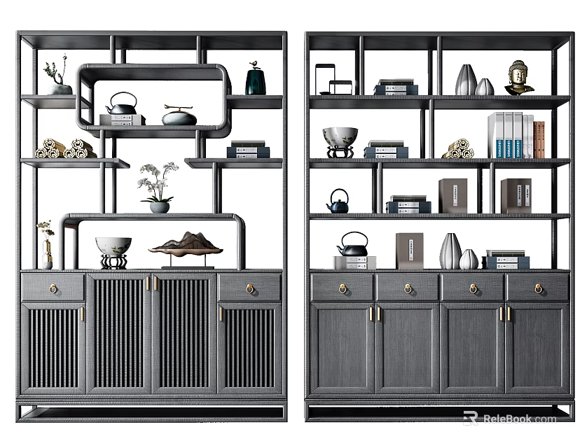 Elegant Modern Gray Shelving Unit With Open Shelves And Decorative Items 3d model 