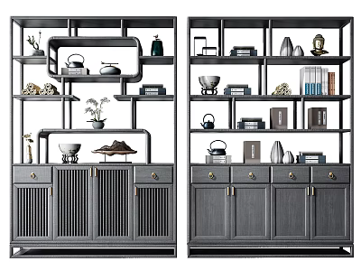 Elegant Modern Gray Shelving Unit With Open Shelves And Decorative Items 3d model