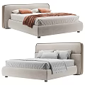 Modern Upholstered Beige Double Bed With Soft Pillows Cozy Blanket And Neat Sheets