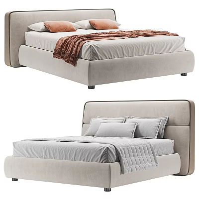Modern Upholstered Beige Double Bed With Soft Pillows Cozy Blanket And Neat Sheets 3d model