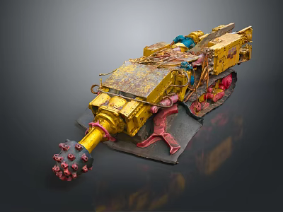 Rusty Yellow Heavy Duty Industrial Drill Machine With Red Drill Bit And Tracks 3d model