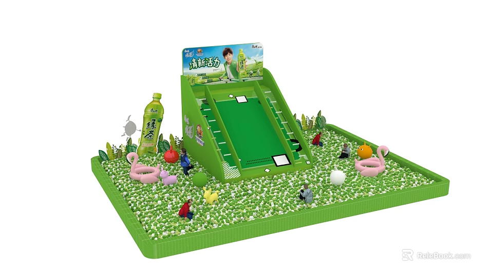 Green Interactive Play Area with Slide Grass Animal Figures and Play Mat 3d model