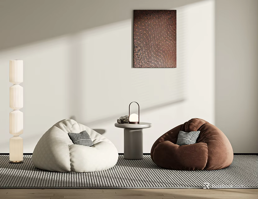 White And Brown Bean Bag Chairs In Modern Interior With Side Table And Wall Art 3d model 