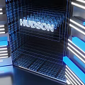 HUDSON Brand Commercial Equipment with Blue White Striped Lighting and Grid Patterned Black Wall