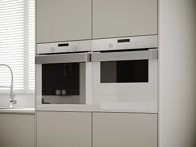 Modern Kitchen With Built In Double Ovens And Light Colored Cabinets 3d model