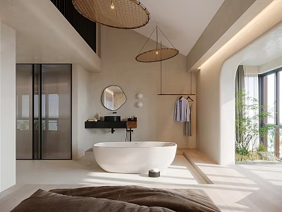 Modern Hotel Bathroom Interior With White Bathtub Round Mirror Woven Pendant Lights Natural Light 3d model