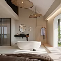 Modern Hotel Bathroom Interior With White Bathtub Round Mirror Woven Pendant Lights Natural Light