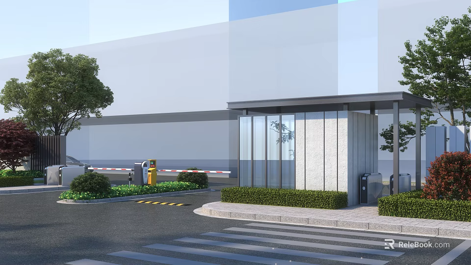 Modern Entrance Gate Design With Glass Structure Stone Wall Green Shrubs And Access Control 3d model 