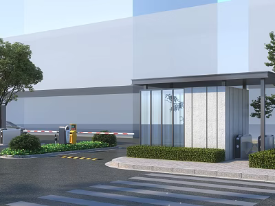 Modern Entrance Gate Design With Glass Structure Stone Wall Green Shrubs And Access Control 3d model