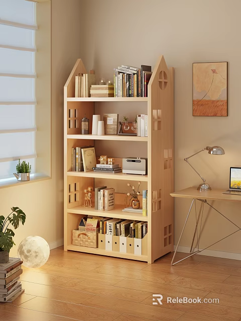 Wooden Bookshelf With Multiple Shelves Holding Books Decor And Home Office Items 3d model 