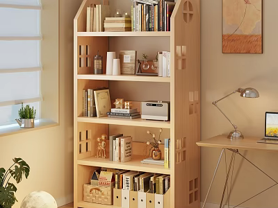 Wooden Bookshelf With Multiple Shelves Holding Books Decor And Home Office Items 3d model