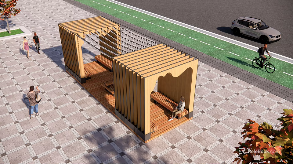 Wooden Outdoor Chairs With Canopy Structure In Public Pavement Resting Area 3d model 