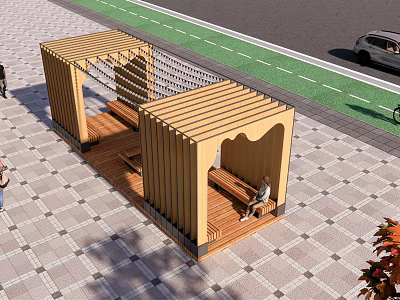 Wooden Outdoor Chairs With Canopy Structure In Public Pavement Resting Area 3d model