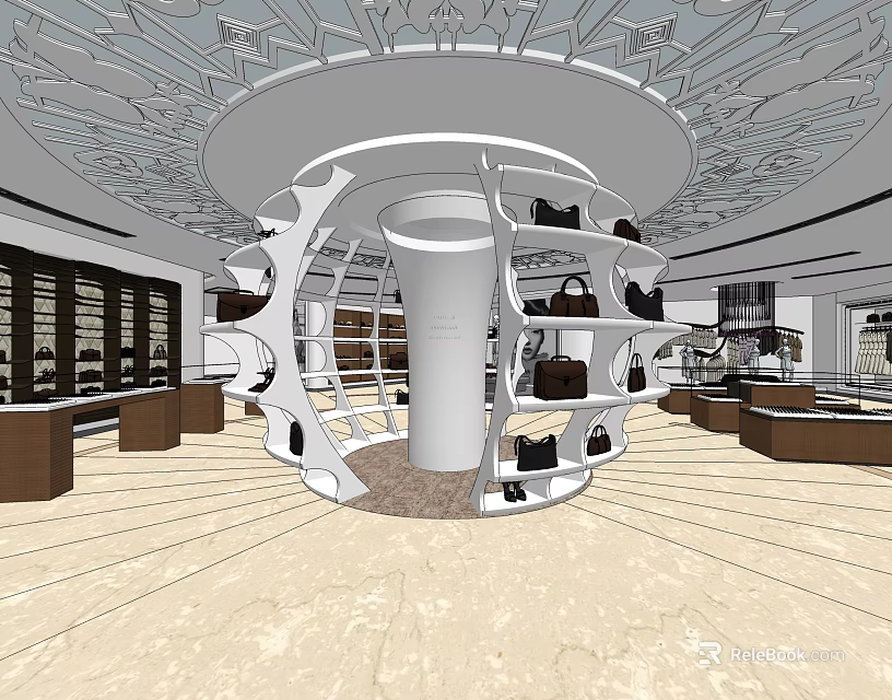 Modern Clothing Store Interior With Circular Display Structure Shelves And Bags 3d model 